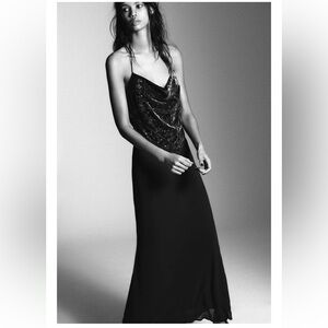Zara Black Long Velvet Beaded Long Evening Dress